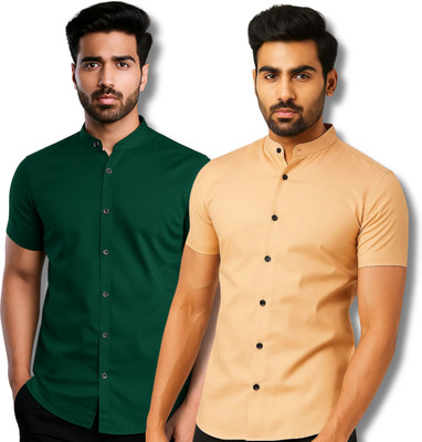COTTONCHHAP Men Solid Casual Green, Orange Shirt(Pack of 2)