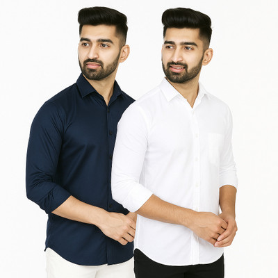 youth first Men Solid Casual Dark Blue, White Shirt(Pack of 2)