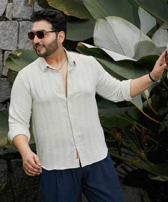 Instafab Plus Men Solid Casual Beige Shirt