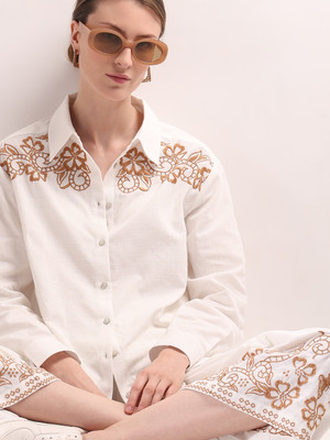 VERO MODA Women Solid Casual White, Beige Shirt