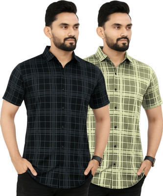 AVOLT Men Checkered Casual Green, Black Shirt(Pack of 2)