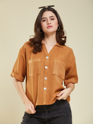J TURRITOPSIS Women Solid Casual Brown Shirt