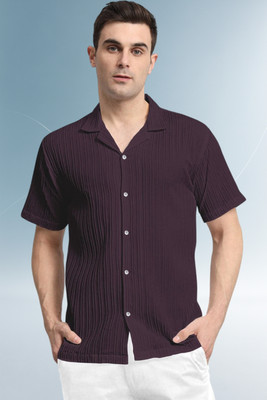 A DEEMOON TREND Men Striped, Self Design Casual Purple Shirt