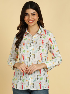 maaesa Women Printed Casual White Shirt