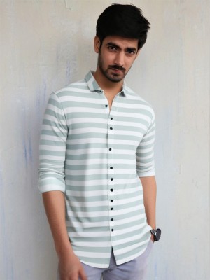 SHANLIYA Men Striped Casual Green, White Shirt