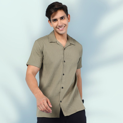 INDICLUB Men Self Design Casual Khaki Shirt