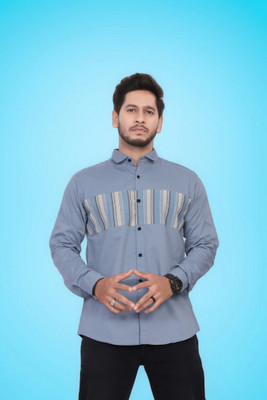 U AND J TREND Men Striped Casual Blue Shirt