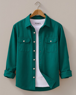 FOXEY Men Solid Casual Green Shirt