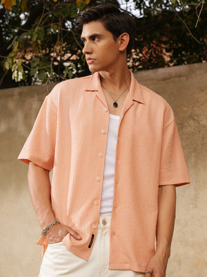 LOCOMOTIVE Men Self Design Casual Pink Shirt