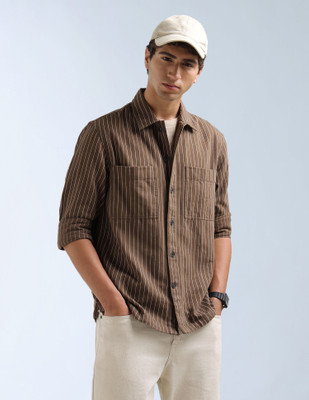 FLYING MACHINE Men Striped Casual Brown Shirt