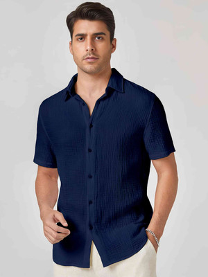 VODPROS Men Self Design Casual Dark Blue Shirt