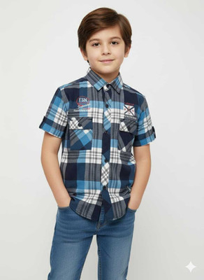 NILKANTHCREAT Boys Checkered Casual Blue Shirt