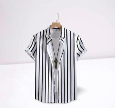 Bridon Creationn Men Striped Casual White, Black Shirt