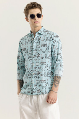 Snitch Men Geometric Print Casual Light Blue Shirt