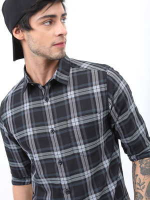 HIGHLANDER Men Checkered Casual Black, Grey Shirt