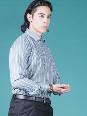 V-MART Men Striped Formal Blue Shirt