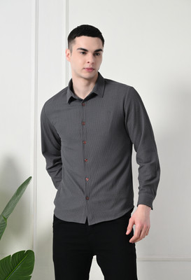 TOLIKE Men Striped Casual Grey Shirt