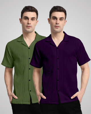 kruze Men Self Design Casual Green, Purple Shirt(Pack of 2)