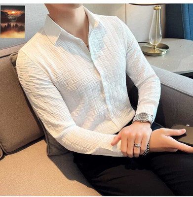 Eluyaana Fashion Men Self Design Casual White Shirt