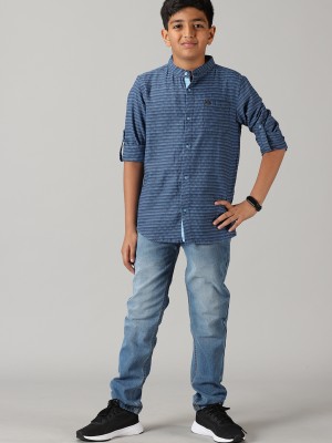 KiddoPanti Boys Striped Casual Dark Blue, Light Blue Shirt