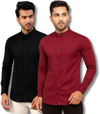 VIMASUTI Men Solid Casual Black, Maroon Shirt(Pack of 2)
