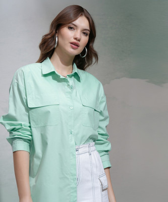 Tokyo Talkies Women Solid Casual Green Shirt