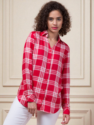 91 HIVE Women Checkered Casual White, Pink Shirt
