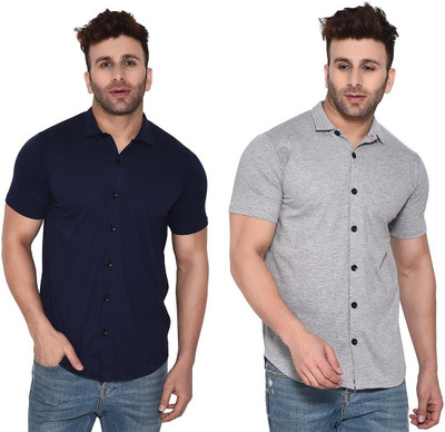 Trendfull Men Solid Casual Silver, Dark Blue Shirt(Pack of 2)