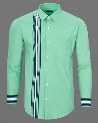 french crown Men Striped Casual Light Green, White Shirt