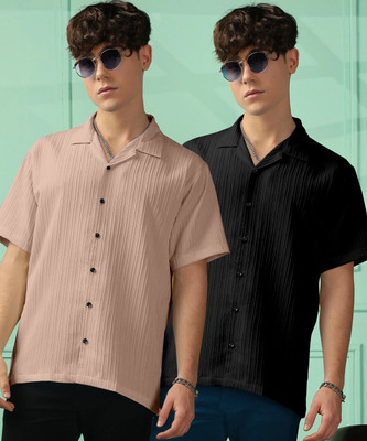Looksky Men Self Design Casual Silver Shirt(Pack of 2)