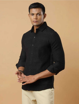 SHFASHION Men Self Design Casual Black Shirt