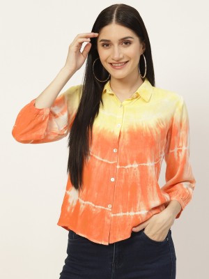maaesa Women Printed Casual Orange, Yellow Shirt