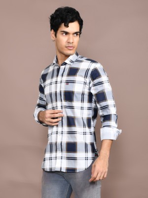 RASSO Men Checkered Casual Dark Blue Shirt