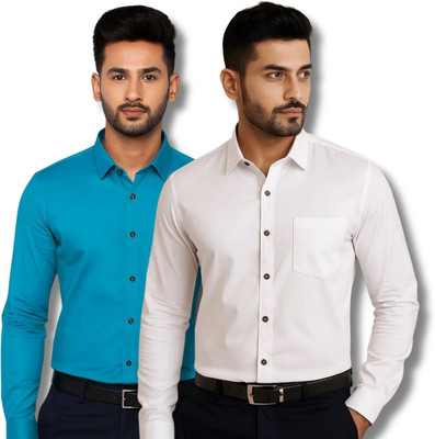 VIMASUTI Men Self Design Casual Blue, White Shirt(Pack of 2)