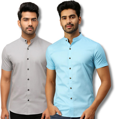 COTTONCHHAP Men Solid Casual Grey, Light Blue Shirt(Pack of 2)