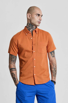 Snitch Men Solid Casual Orange Shirt
