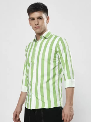 SEEWAYS Men Striped Casual Green, White Shirt