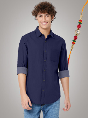 HASINI Fashion Men Solid Casual Dark Blue Shirt