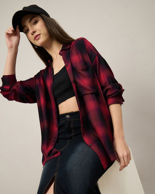 Chimpaaanzee Women Checkered Casual Black, Red Shirt