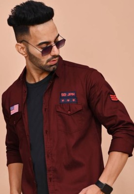 RAG SOLUTION Men Self Design Casual Maroon Shirt