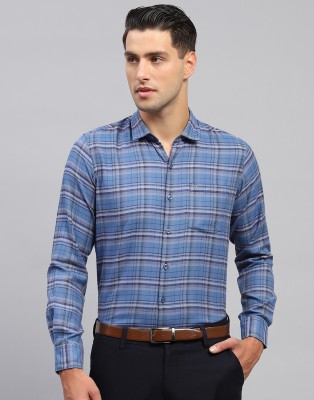 MONTE CARLO Men Checkered Formal Blue Shirt