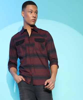 CAMPUS SUTRA Men Striped Casual Maroon, Dark Blue Shirt