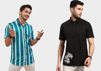 Emporium Men Striped, Printed Casual Blue Shirt(Pack of 2)