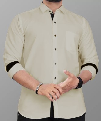 PEARL OCEAN Men Solid Casual Cream Shirt