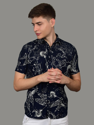 HEED ATTENTIVE Men Printed Beach Wear Blue, White Shirt
