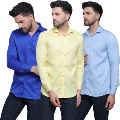 FILNECH Men Solid Casual Yellow, Light Blue, Dark Blue Shirt(Pack of 3)