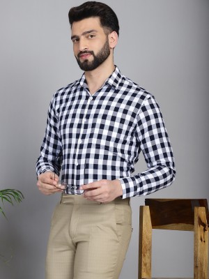 Indian Needle Men Checkered Formal Grey, Dark Blue, White Shirt