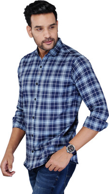 FAVNIC Men Checkered Casual Dark Blue, Light Blue Shirt