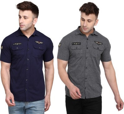 BEYOU FASHION Men Solid Casual Dark Blue, Grey Shirt(Pack of 2)