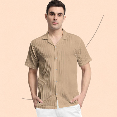 A Sti Men Self Design Casual Beige Shirt